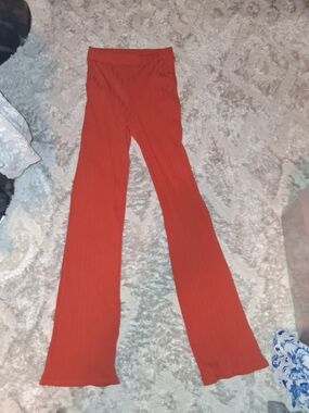 Ribbed High-Waist Flared Pants in Rust